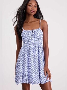 Lulus Grecian Getaway Blue & White Print Mini Dress | Small | Spring/Summer